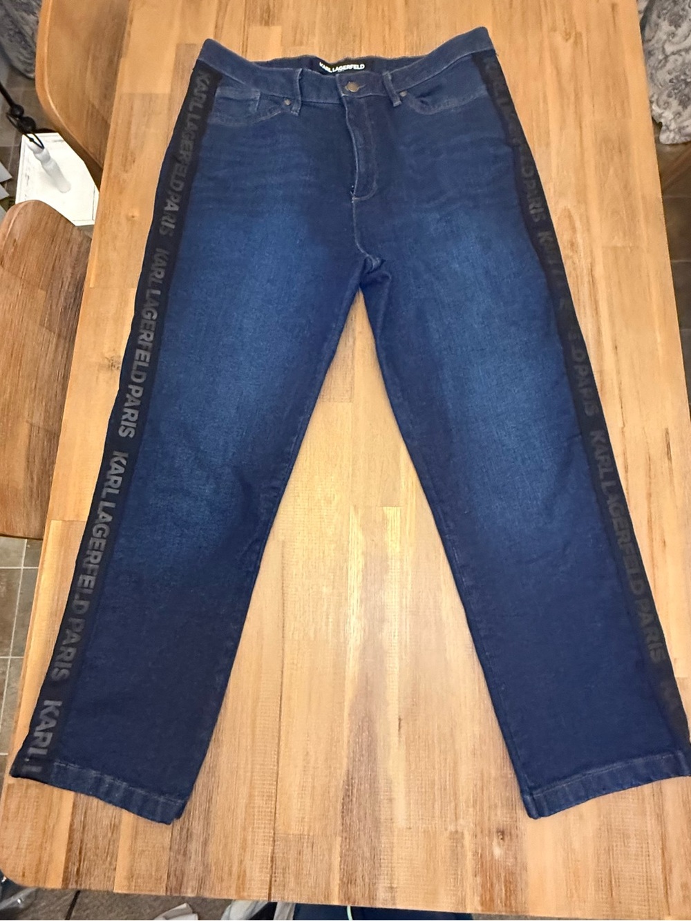 Karl Lagerfeld Women's Navy and Black Side-Trim Relaxed Jeans - Picture 1 of 9